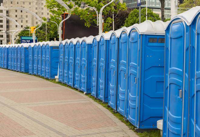 a row of portable restrooms at a fairground, offering visitors a clean and hassle-free experience in martinsburg